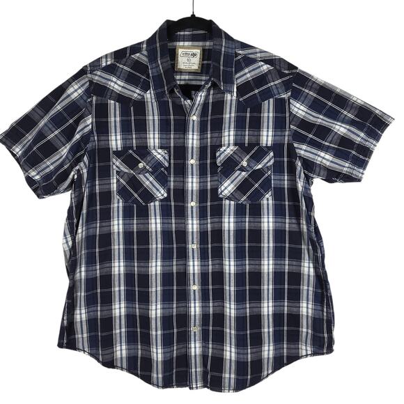 Navy Plaid Pearl Snap Shirt Mens XL Short Sleeve Western Style 100% Cotton - Picture 1 of 10